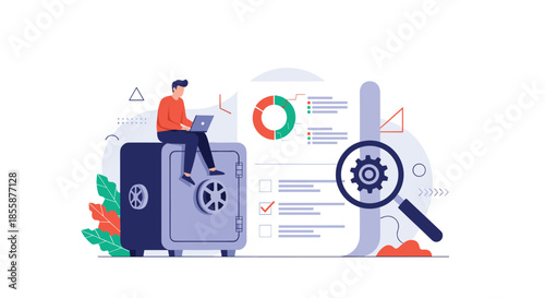 Businessman working on laptop while sitting on top of large bank safe to represent financial security and analysis.