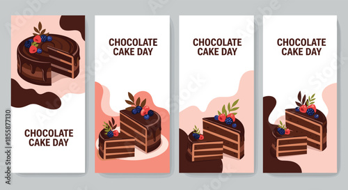 Collection of vertical banners celebrating chocolate cake day with delicious cake slices topped with fresh berries.
