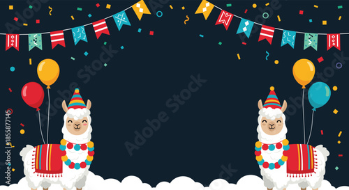 Two cheerful llamas wearing party hats and necklaces celebrating on clouds with colorful confetti and balloons.