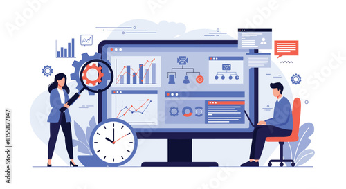 Two business professionals analyzing data on large computer screen with charts, gears, and clock for efficiency.