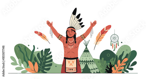 Native American man in traditional clothing with feathers and headdress raising arms in nature with a teepee.