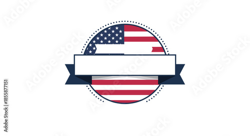 Circular emblem featuring United States of America flag design with a blank ribbon for custom text or message.