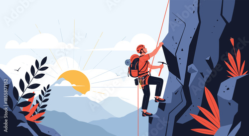 Rock climber ascending steep cliff face during beautiful sunrise over mountain range to represent outdoor adventure.