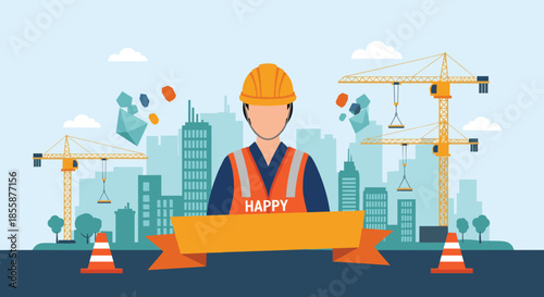 Construction worker in safety gear standing in front of city skyline with cranes and building materials for work day.