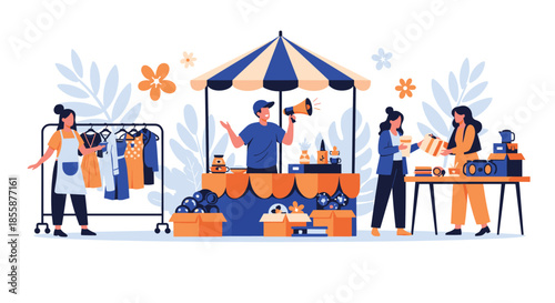 People browsing and selling items at vibrant outdoor flea market with clothing racks, tables, and stall vendors.