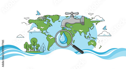 Water conservation concept showing tap over globe with magnifying glass focusing on water drop and nature scene.