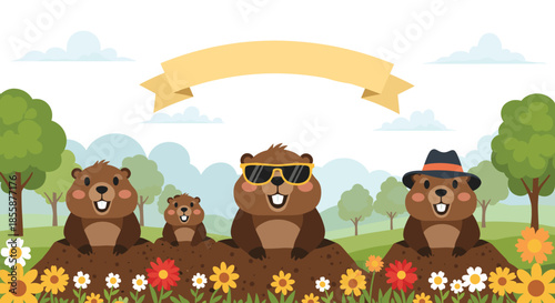Four cute groundhogs emerging from holes in green field with flowers and banner for groundhog day celebration.