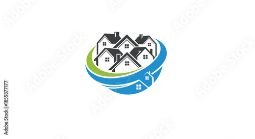 Professional real estate logo design featuring multiple houses in circular swoosh symbol for property management.