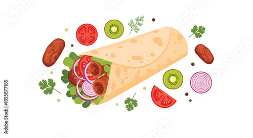 Delicious meat burrito or wrap surrounded by fresh ingredients like tomatoes, onions, kiwi, and meat chunks.