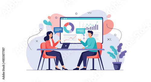 Professional business colleagues having meeting in office discussing financial data on large digital screen with charts.