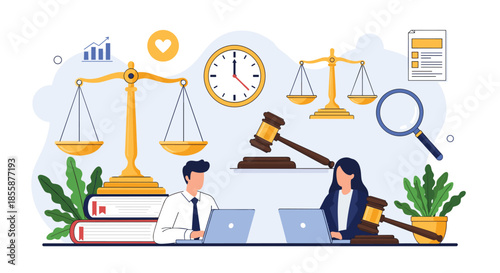 Law firm professionals working on laptops surrounded by legal symbols like scales of justice, gavel, and books.