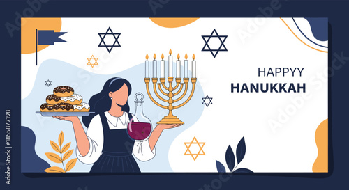 Jewish woman celebrating happy hanukkah with traditional menorah, delicious doughnuts, and wine on festive background.