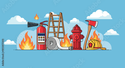 Collection of firefighting tools including an extinguisher, ladder, hose, hydrant, axe, and helmet set against a background of flames.