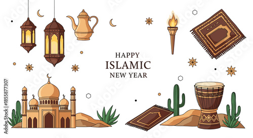 Happy Islamic New Year greeting with various traditional symbols like lanterns, a mosque, prayer rug, desert scene, and musical drum.