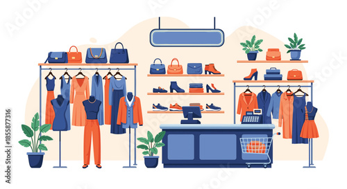 Stylish clothing boutique interior with racks of dresses, shelves of shoes and handbags, and a service counter for retail shopping.