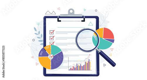 Business data analysis concept featuring a clipboard with checklists, colorful pie charts, a bar graph, and a large magnifying glass.