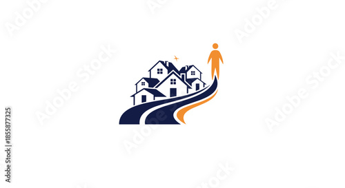 Real estate concept showing a path leading to a group of houses with a stylized human figure representing home ownership and property.