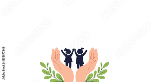 Pair of caring hands gently holding two child silhouettes representing childhood protection, safety, and parenting support.