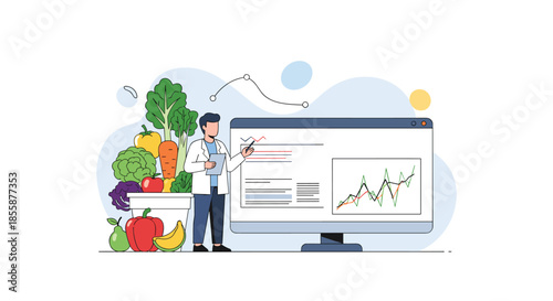 Nutritionist or doctor presenting healthy eating habits with a basket of fresh vegetables and fruits and a data chart on a screen.