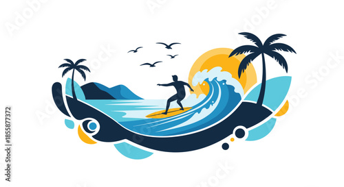 Surfer riding a large ocean wave with palm trees, birds, and a bright sunset in a stylized coastal landscape illustration.