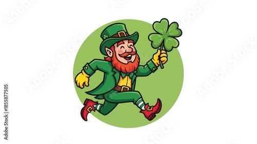 Happy Leprechaun Running with Clover Symbol.