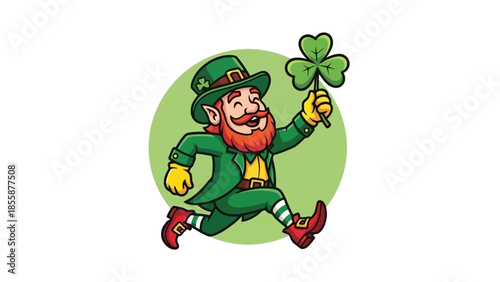 Cartoon Leprechaun Running with Shamrock.