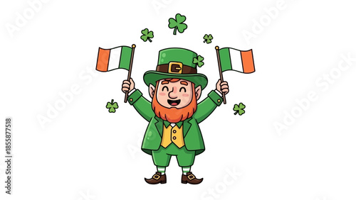 Happy Leprechaun Holding Irish Flags and Shamrocks.
