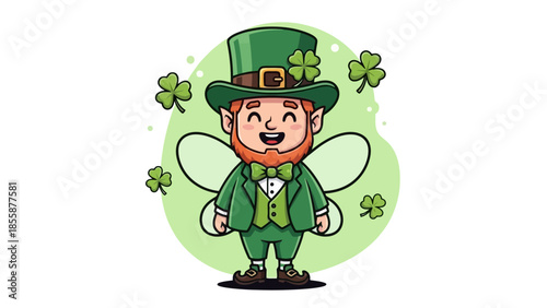 Cute Cartoon Leprechaun Character with Clover and Wings.