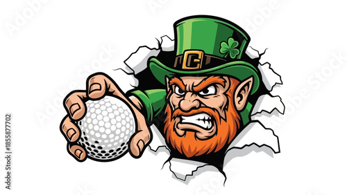Angry Leprechaun Holding Golf Ball Ripping Through Background.