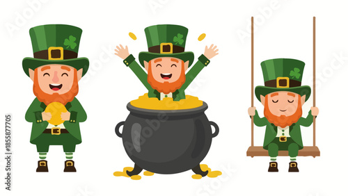 Three Cute Leprechauns in Different Poses.