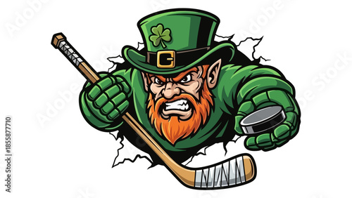 Aggressive Leprechaun Hockey Player Breaking Through Wall.