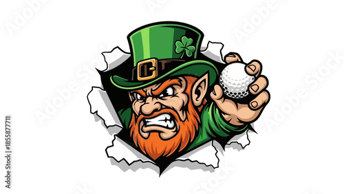 Angry Leprechaun Holding Golf Ball Breaking Through.