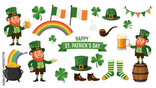 Happy St Patricks Day Leprechauns and Symbols Collection.