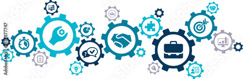 Business service & support vector illustration. Blue concept with icons related to client assistance, office management, professional customer care, help desk, company network, problem solving.