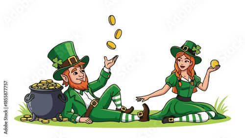 Leprechaun Couple Enjoying Saint Patricks Day Gold Coins.
