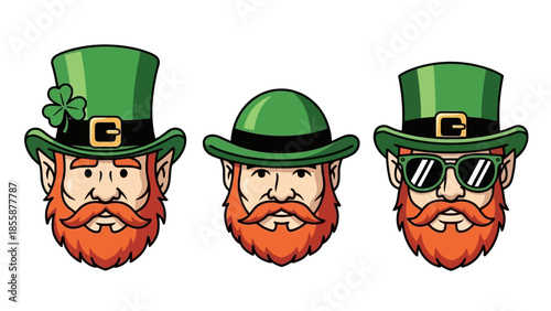 Three Leprechaun Heads with Green Hats and Red Beards.