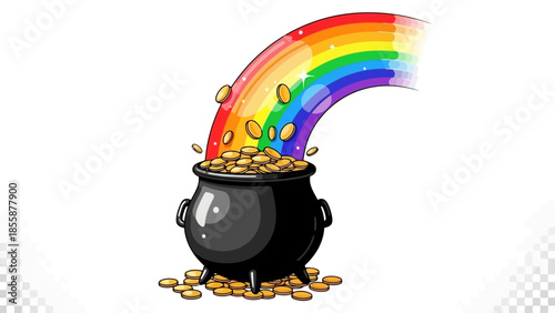 Pot of gold overflowing with coins from rainbow.