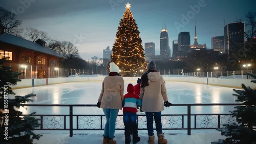 Joyful slow motion wide shot from behind of family standing at railing watching ice skaters on outdoor Christmas rink, city skyline with illuminated buildings in background, large decorated tree besid