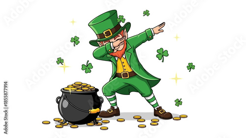 Leprechaun Dabbing Beside Pot of Gold Coins.