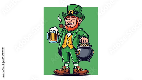 Leprechaun Holding Pot of Gold and Beer.