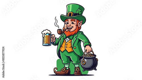 Leprechaun Holding Beer and Pot of Gold.