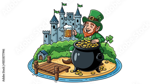 Leprechaun Holding Beer Mug and Pot of Gold.