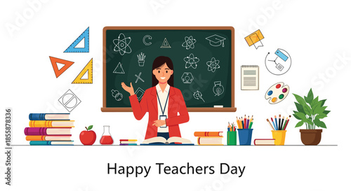 Female teacher standing in a classroom with a chalkboard, books, and school supplies for Happy Teachers Day celebration.