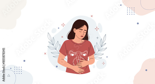 Young woman experiencing stomach pain or menstrual cramps with a uterus symbol overlay on her shirt for reproductive health awareness.