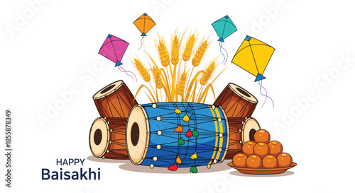 Baisakhi festival celebration elements including drums, wheat stalks, traditional sweets, and colorful kites for the harvest event.