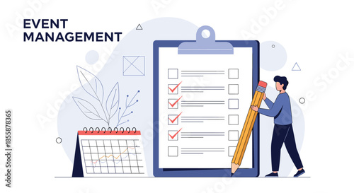 Event management professional checking tasks on a giant clipboard with a calendar and decorative plants representing organization.