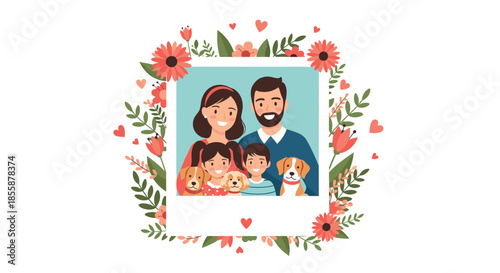Happy family portrait with parents, children, and pet dogs in a polaroid photo frame decorated with a floral wreath and hearts.