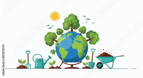 Planet earth globe growing trees surrounded by gardening tools like a watering can, shovel, and wheelbarrow for environmental care.