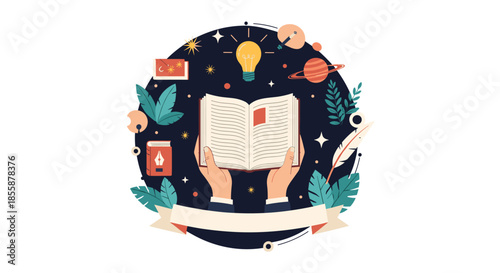 Hands holding an open book with light bulb, planets, and quill pen on a dark space background for knowledge and creative imagination.