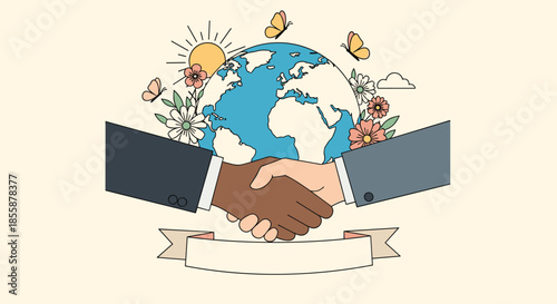 Handshake between diverse hands in business suits in front of planet earth with flowers and butterflies for global peace and partnership.